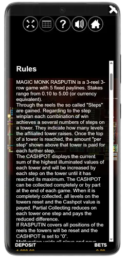 Regelübersicht im Magic Monk Rasputin Automaten aufgerufen